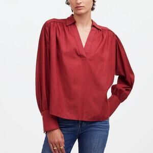 Madewell Easy Top Long Sleeve Collared Split Neck Popover Shirt Claret Red NWT S